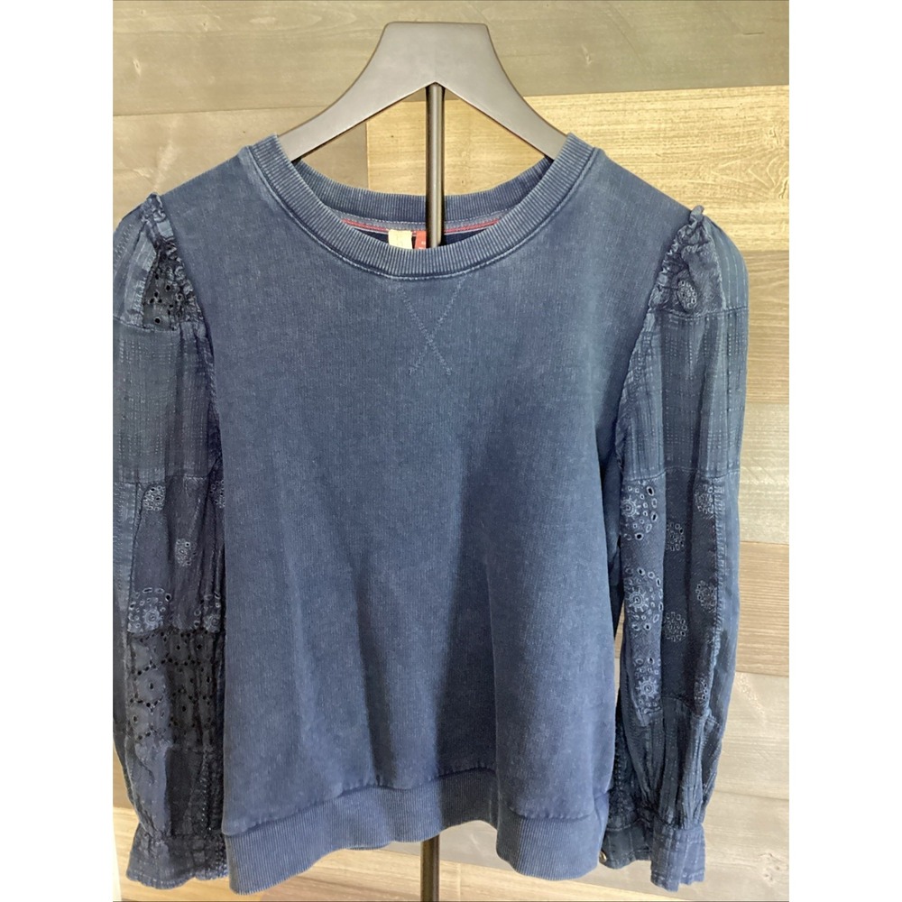 Pilcro by Anthropologie Eyelet Sleeve Pullover Sweatshirt Blue Women's XS Cotton